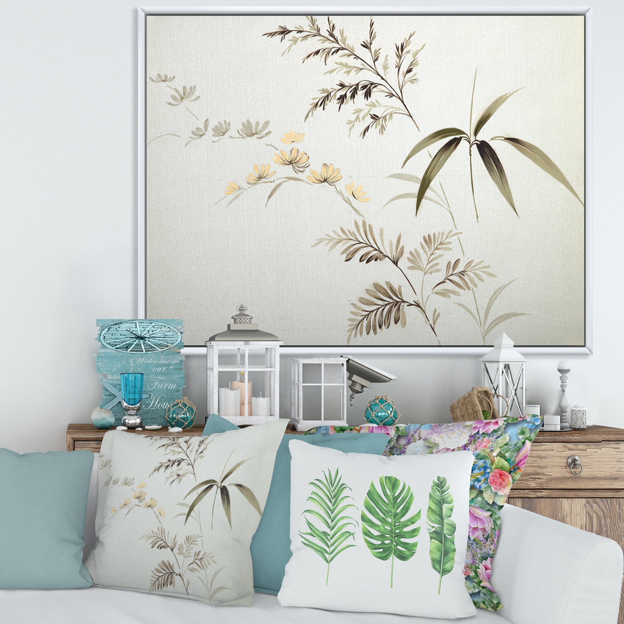 Designart 'Abstract Retro Drawing of Flowers III' Vintage Framed Canvas Wall Art Print