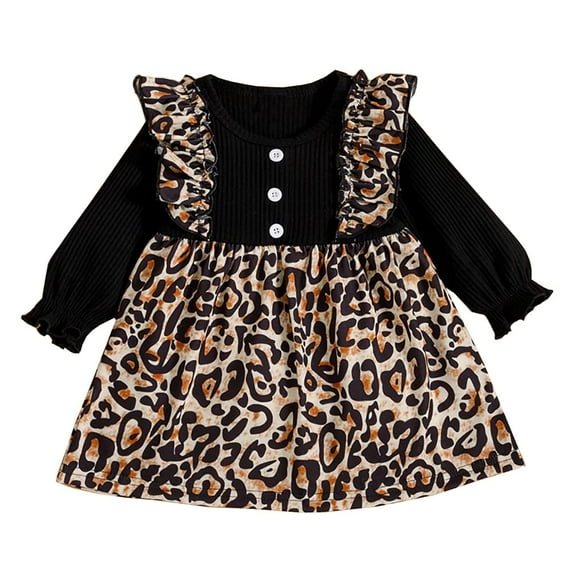 StylesILove Infant Baby Girls Black Ribbed Long Sleeve Leopard Ruffle Dress Animal Print Princess Girl Spring Fall Outfit (12 Months)
