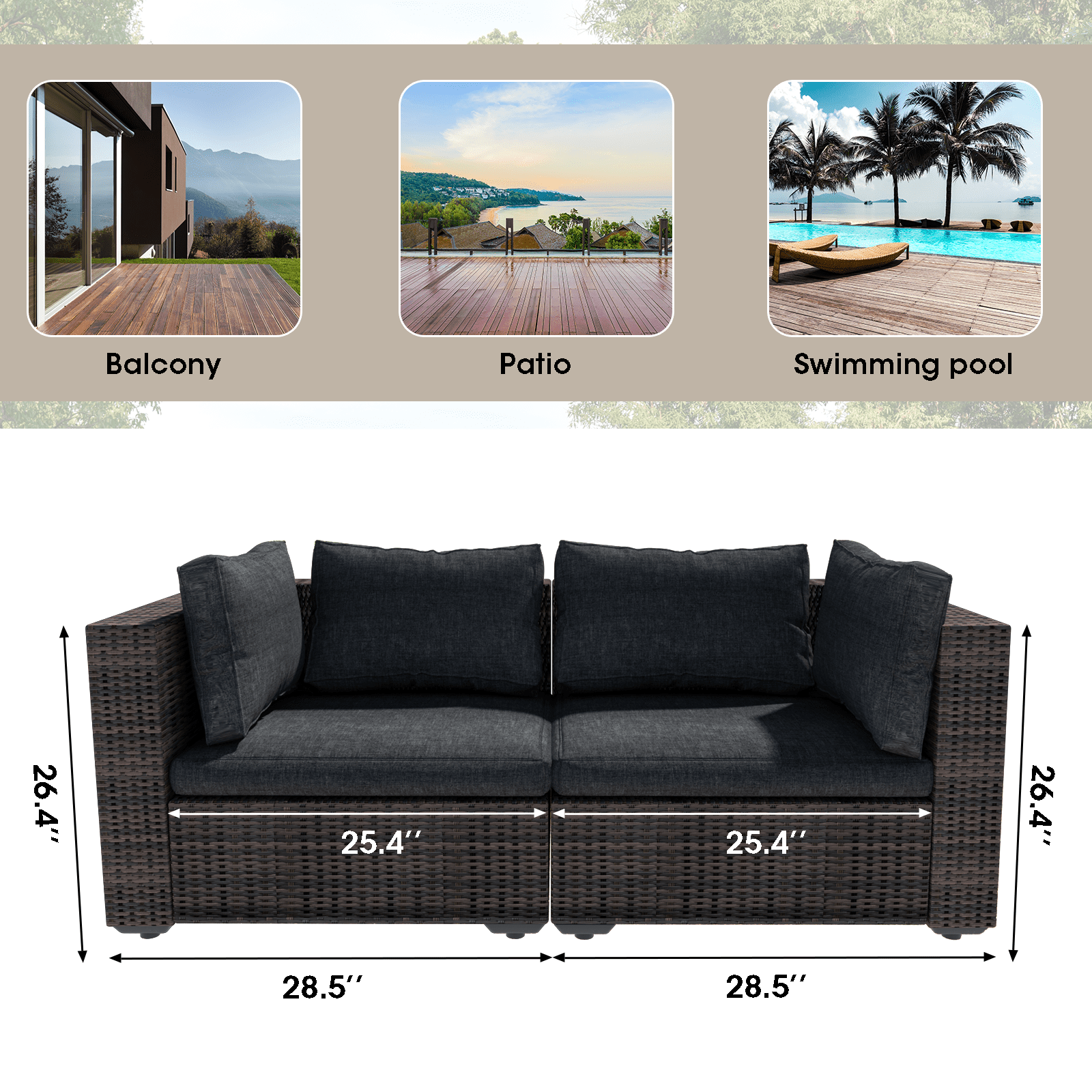 Grezone 5 Pieces Patio Furniture Set, All Weather Outdoor Sectional PE Rattan, Patio Conversation Sets with Cushions and Glass Coffee Table for Garden Lawn Balcony Porch Deck, Black