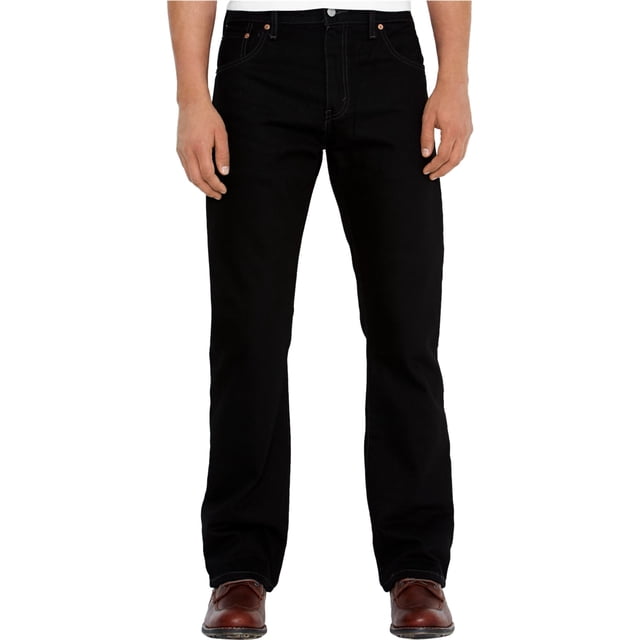 jeans levi's 517 boot cut para hombre negro 33w x 33l Vista frontal centrada de jeans Levi's 517 Boot Cut para hombre en negro, talla 33W x 33L; corte bootcut con tiro clásico, ajuste delgado en muslo y caída recta en la pierna, estilo clásico de 5 bolsillos, cierre de bragueta con cremallera y botón y trabillas para cinturón. Fondo blanco, uso casual; también suelen usarse para trabajo informal ligero.
