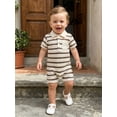 thumbnail image 4 of BemeyourBBs Newborn Baby Boy Summer Clothes Outfit Striped Waffled Knit Romper Cute Short Sleeve Collared Button-up Chest Pocket Jumpsuit Bodysuit 0 3 6 9 12 18 Months, 4 of 9