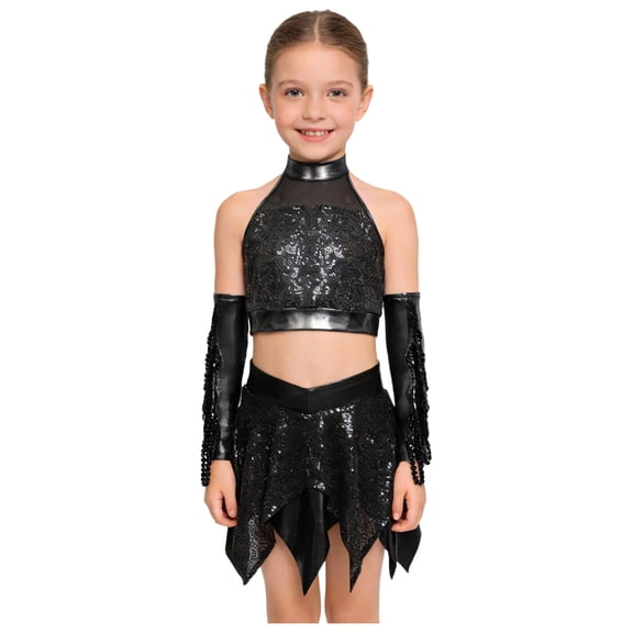 Doomiva Teen Girls Crop Top Metallic Skirt With Gloves Hip Hop Set Sequins Cheer Uniform Latin Jazz Dance Outfit Black 8