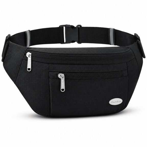 Entchin Women's Fanny Pack Crossbody Belt Bag Classic Black with 4 Zipper Pockets Adjustable Strap Lightweight Water Resistant