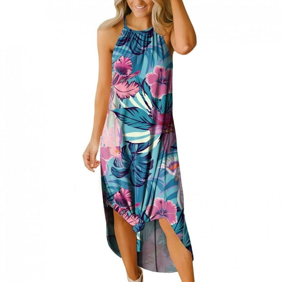 Fesfesfes Spring Dresses for Women Floral Print Camis Dress Loose Casual Sleeveless High Slit Sling Dress Vacation Beach Boho Dress