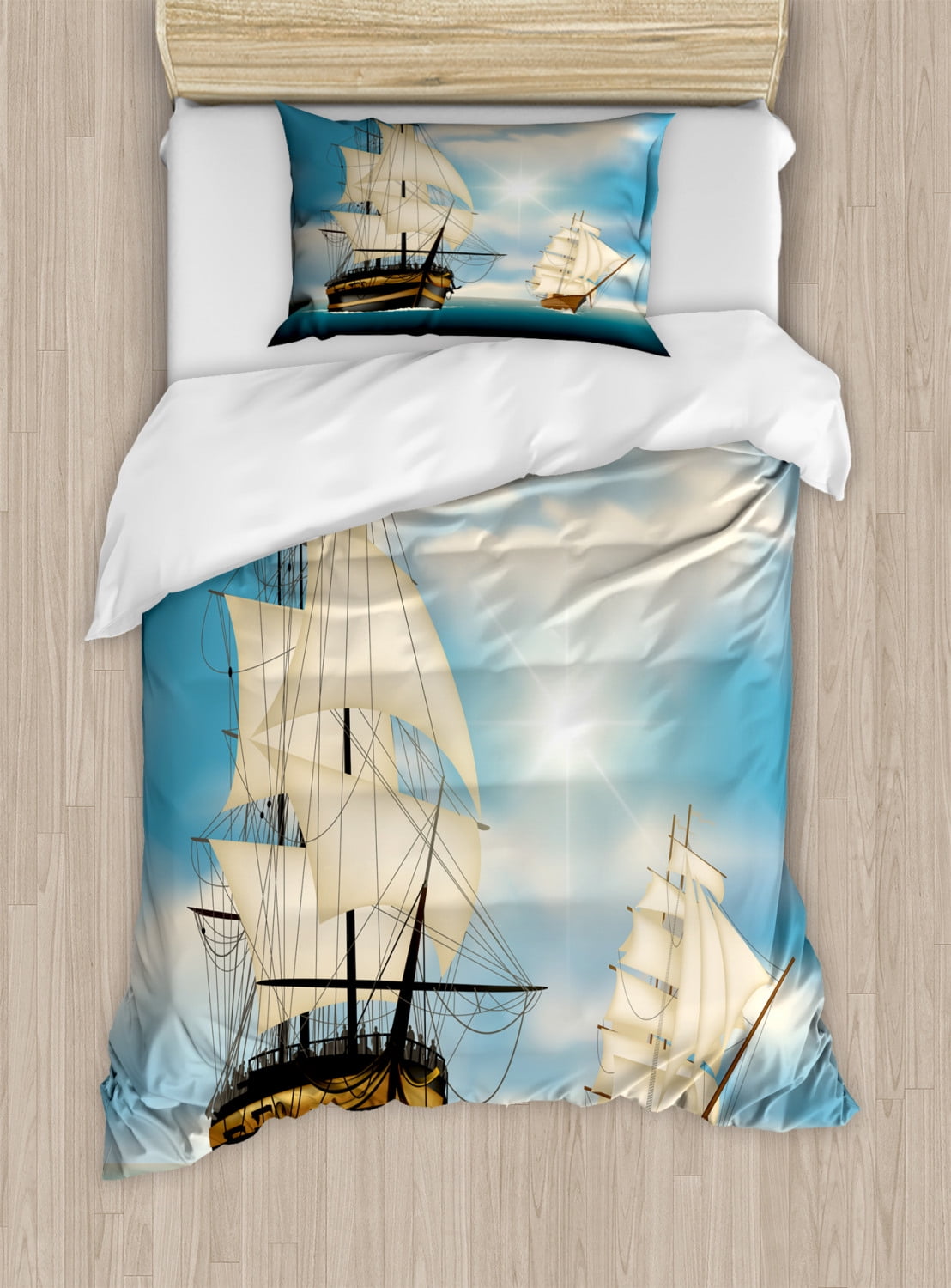 Vintage Boat Twin Size Duvet Cover Set, Ships Sailing in the Ocean in a