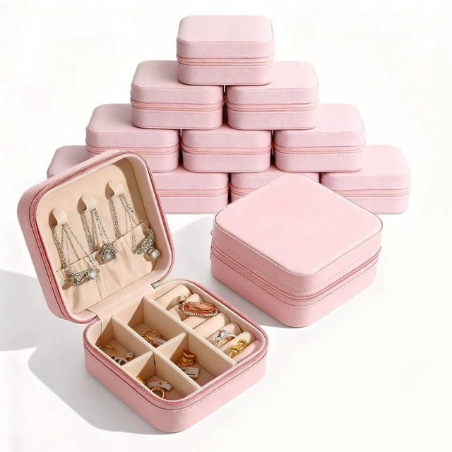 12PCS Mini Organizadora de Joyero de Viaje,10x10x5cm Organizador de Joyas Portátil,Organizador de Joyeria Impermeable de Cuero,Portátil Alhajeros de PU para Anillos,Pendientes,Collares(Rosa)