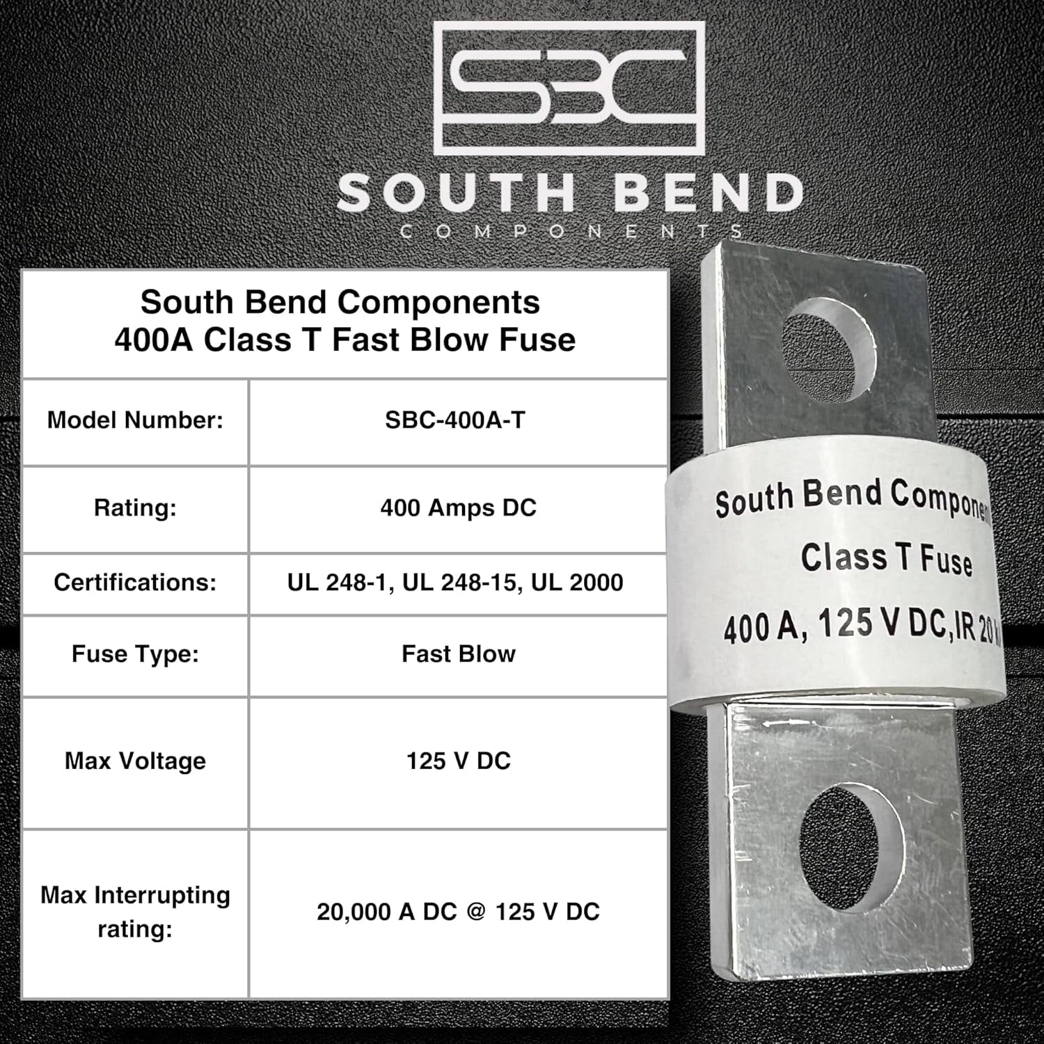 South Bend Components 400A Class T Fast Blow Fuse |400A | 125 Volts | High Current Protection for Marine, RV, Off-Grid Systems, and Battery Banks | Durable Through-Hole Mount Design (400A,2-Pack)
