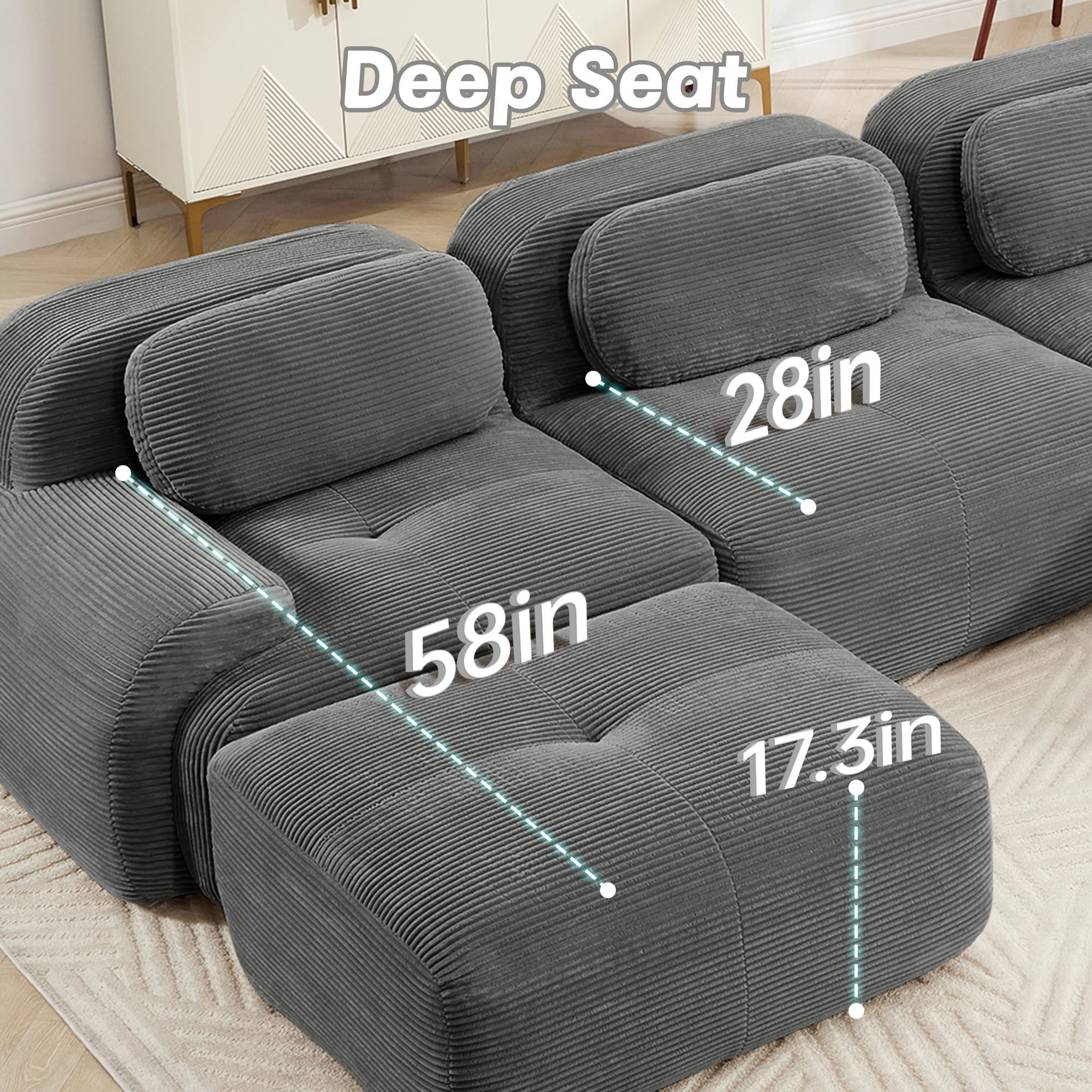 Aukfa 117" Modular Sectional Sofa Overstuffed Boneless Couch, 3Pillows, No Assembly, Corduroy, Cray