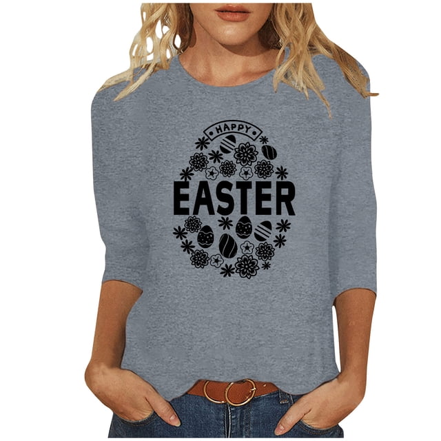 RKSTN Hauts Grande Taille pour Femmes Ufs de Pâques Mignons Imprimés Lapin Coupe Ample Col Rond Manches 3/4 Printemps Été Blouse Douce