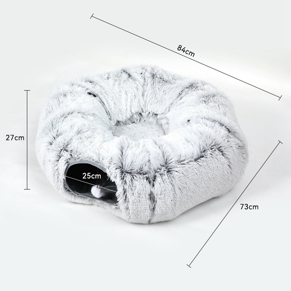 Warm Fluffy Plush Cat Dog Tunnel Bed with Washable Cushion-Big Tube Playground Toys Longer Crinkle Collapsible 3 Way, for Indoor Cat Kitten Puppy Rabbit Grey