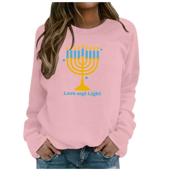 Women's Tops Casual Hanukkah Printed Crewneck Sweatshirt Long Sleeve Pullover Women Blouse,Pink,S
