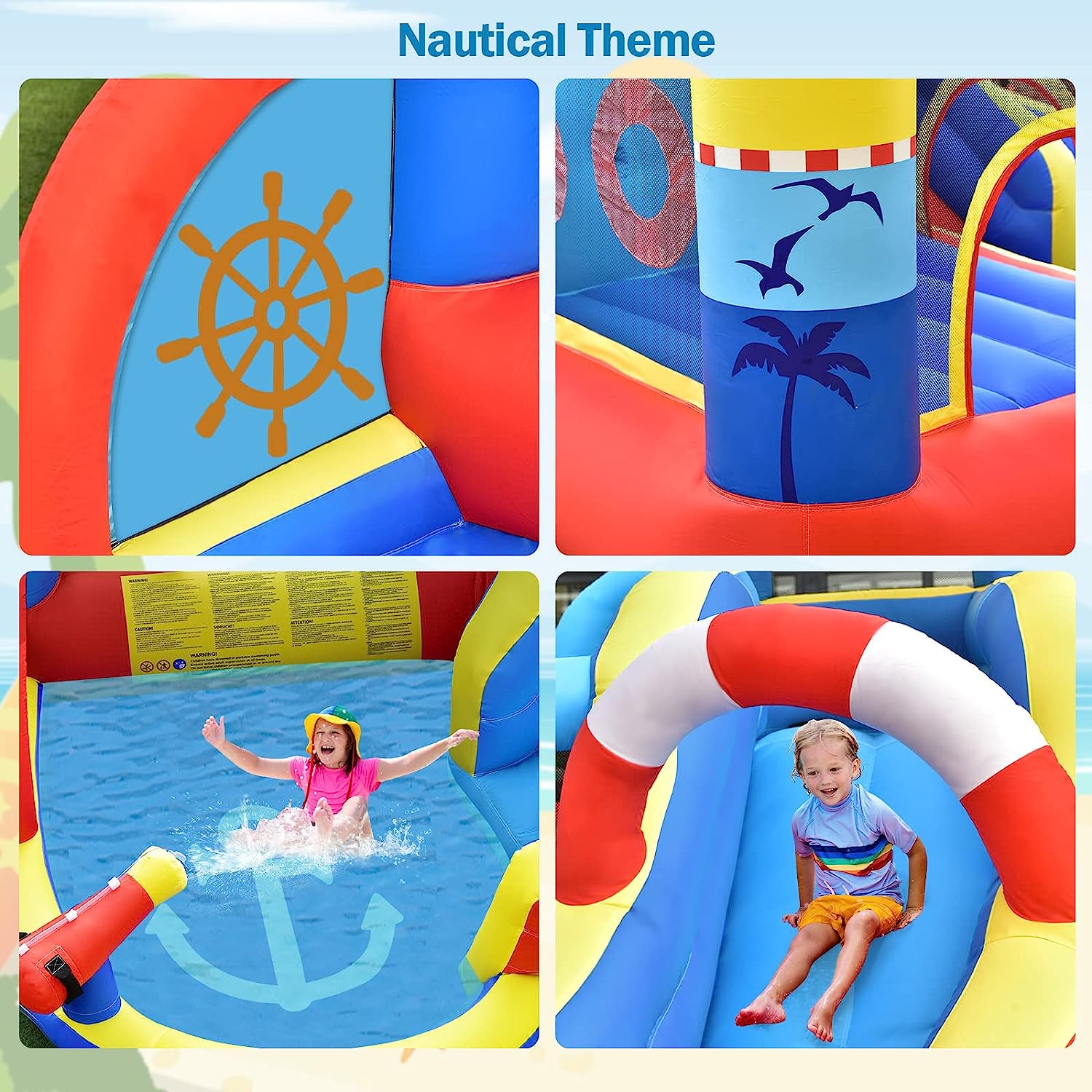 OLAKIDS Inflatable Water Slides, Nautical Themed Bouncy House with Slide, Splash Pool, Climbing Wall, Water Blast, Outdoor Jumping Castle with Hose, Carry Bag, Repairing Kit, Stakes (with Air Blower)