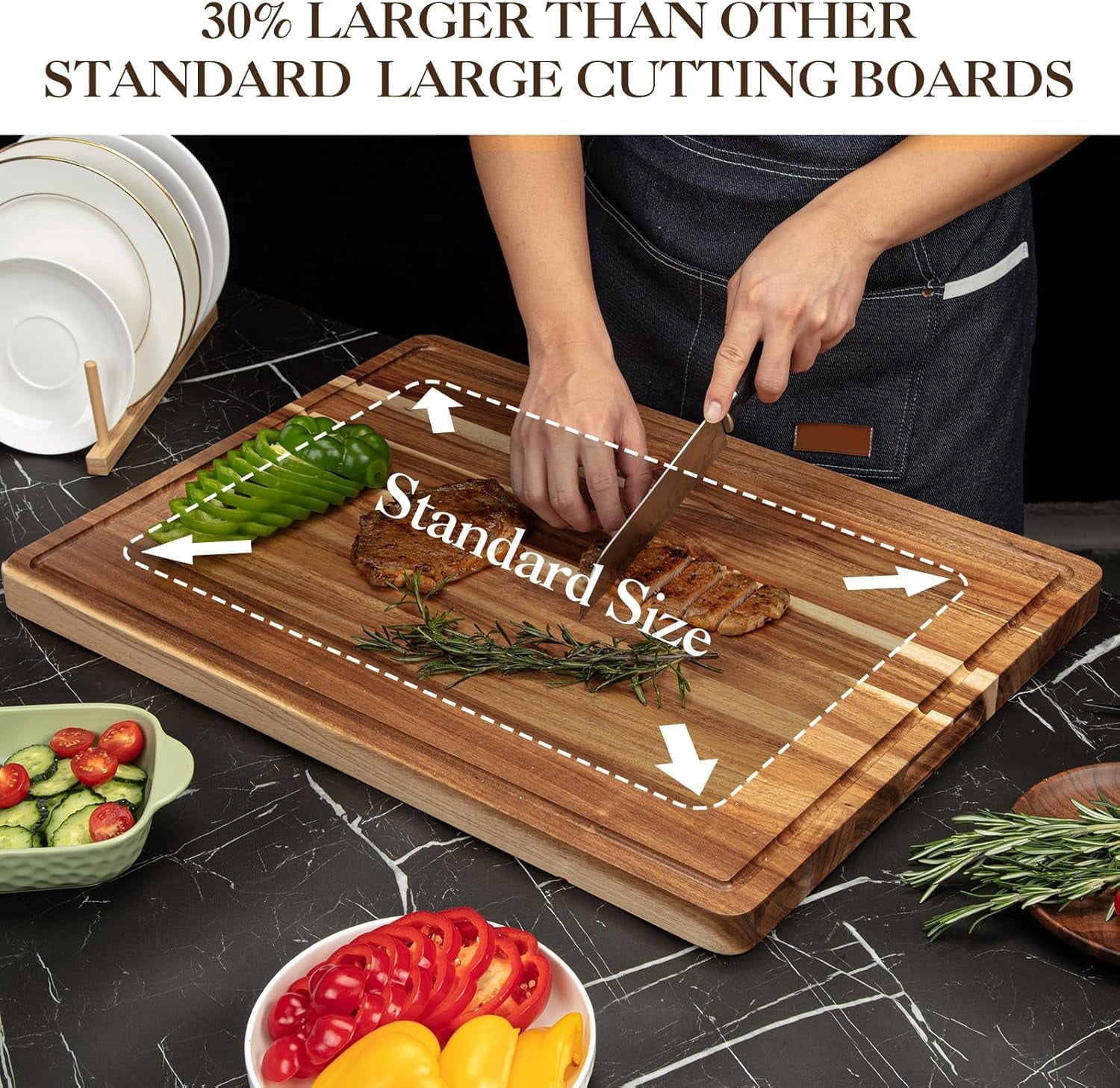 Acacia Wood Cutting Board with Juice Groove & Handles, Reversible Wooden Chopping Board, 1.2" Thick Wooden Chopping Boards for Meat, Vegetables, Cheese, Charcuterie Board,24"x18"