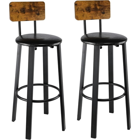 Set of 2 Bar Stools with Backrest, 29 Inches PU Upholstered Breakfast Stools Kitchen Dining Pub Chair with Footrest, Rustic Brown and Black