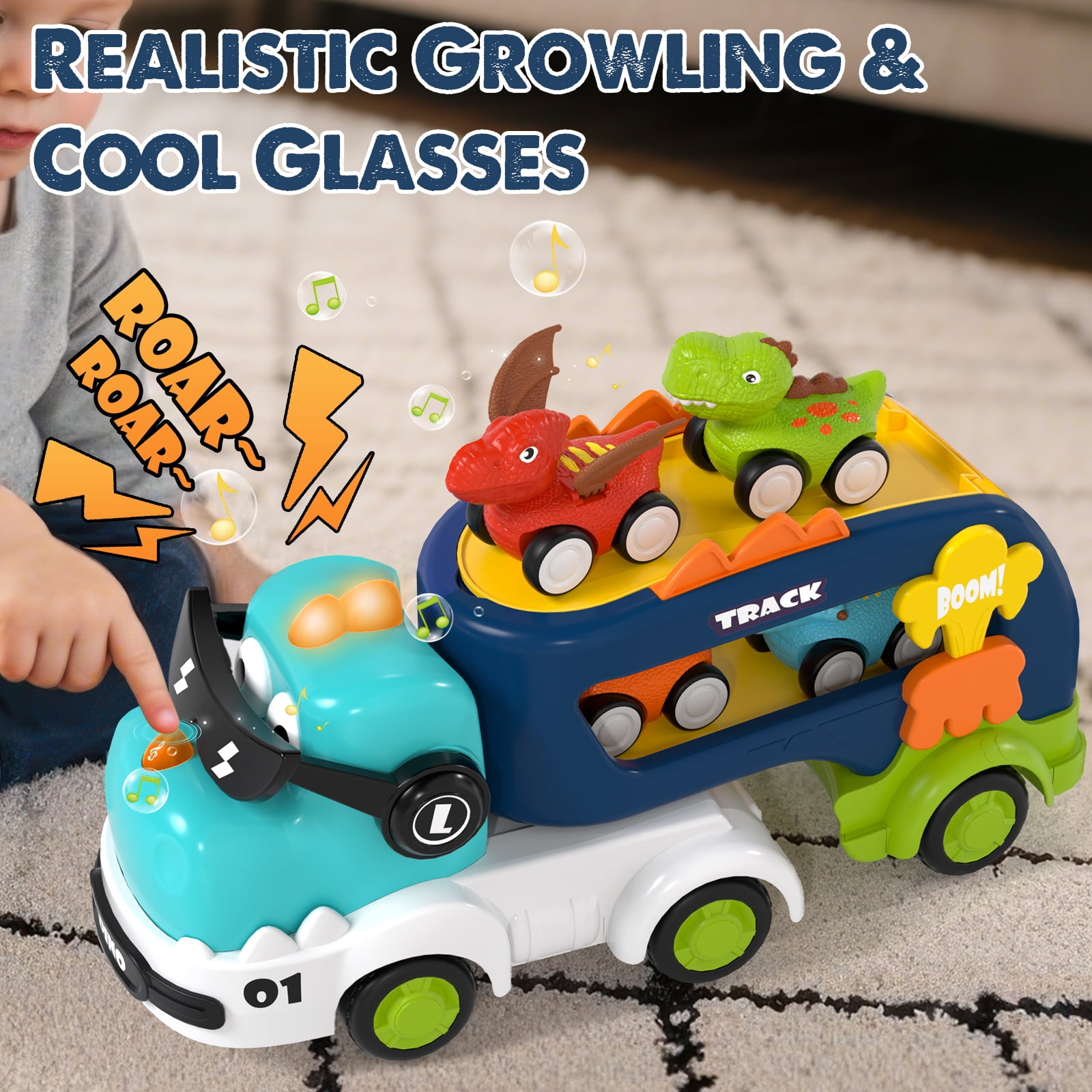 Toys for 2 Year Old Boys, Toddler Dinosaur Truck with Sounds & Lights, Toys Cars Set with Race Track, Pull Back Cars Baby Toys, Toys for Boys 2 to 4 Years Old, Best Birthday Christmas Gifts