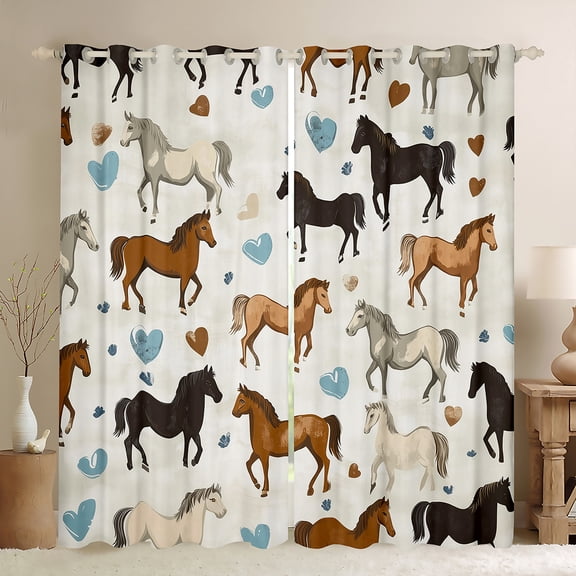 Manfei Brown Black Horse Curtains Pack of 2 (42x84 Each),Country Farmhouse Lodge Curtains Blackout,Blue Heart Print Bedroom Curtains For Boys Kids,Super Cozy Room Decor