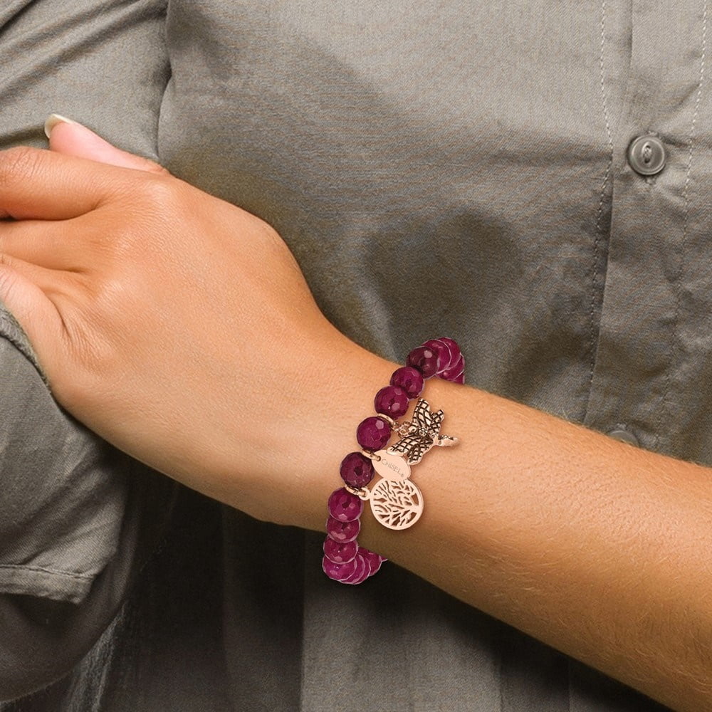 Diamond2Deal Stainless Steel Rose IP-Plated Dragonfly and Tree of Life Pink Dyed Jade Beaded Stretch Bracelet for Women 6.25"