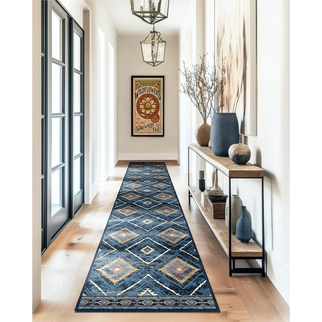 BESTSWEETIE Area Rug 2x10 for Living Room Southwest Washable Rugs Western Aztec Soft Low Pile Non Slip Print Pattern Indoor Carpet for Bedrooms Dining Room, Dark Blue