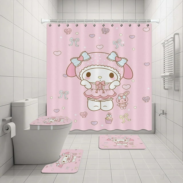 Hello Kitty Ensemble de Rideau de Douche Sanrio Impression Anime Imperméable Rideau de Douche Ensemble de Quatre Pièces Tapis Couvercle de Toilette en Forme de U LS