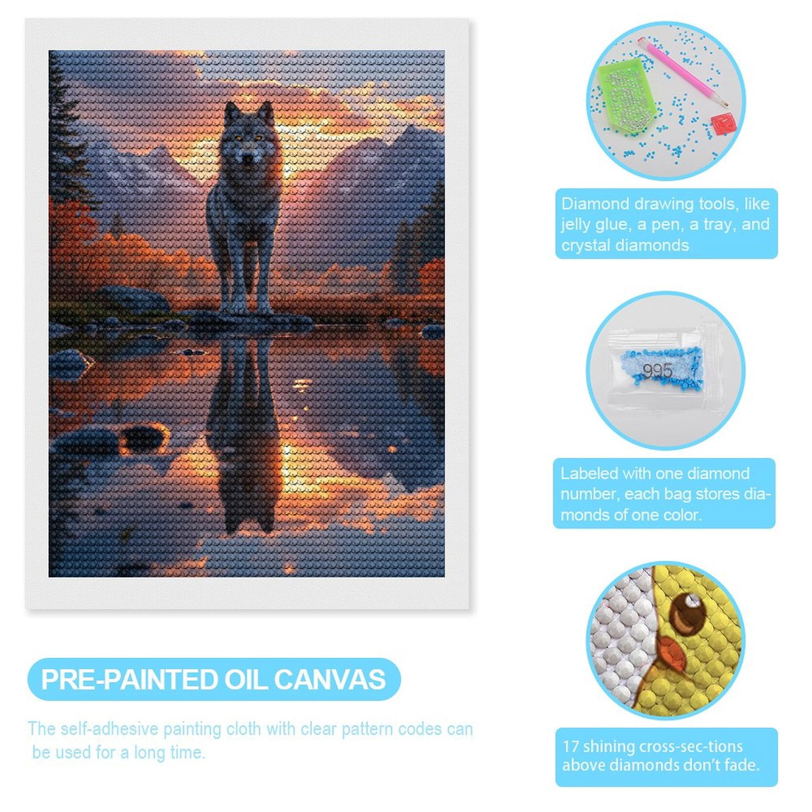 Diamond Art Kits for Adults, Wolf Sunset Reflection Mountains Serenity 5D Diamond Painting Kits for Adults Beginners, DIY Full Drill Diamond Painting, Gem Art and Crafts 12x16