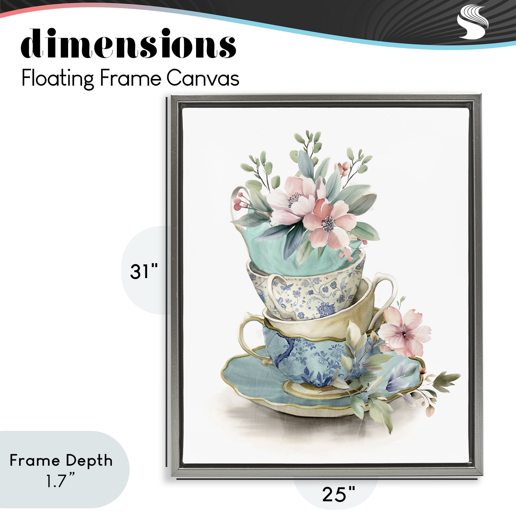 Stupell Industries Tea Cup Chinoiserie Blossoms Gray Framed Floater Canvas Wall Art, design by Kim Allen