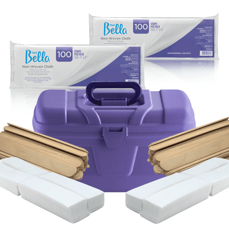 Depil Bella Bundle - 200 Non-Woven Cloths  400 Eyebrow Wax Strips  200 Wooden Wax Sticks  and Purple Plastic Case