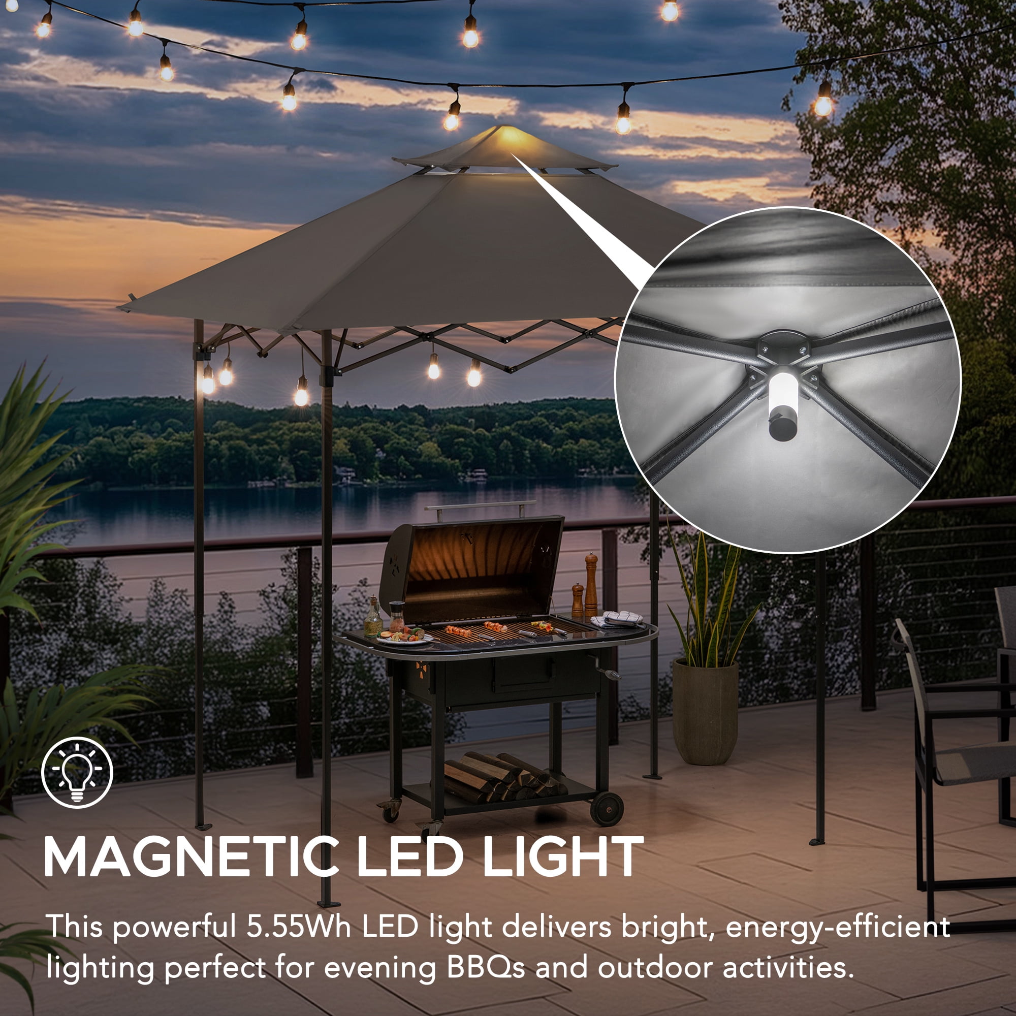 Sunjoy 8' x 5' Grill Gazebo Double Tiered Outdoor Gazebo Standing-Height Canopy with Magnetic LED Light, Adjustable Ceiling Height, for BBQ,Picnics, Outdoor Events, Gray
