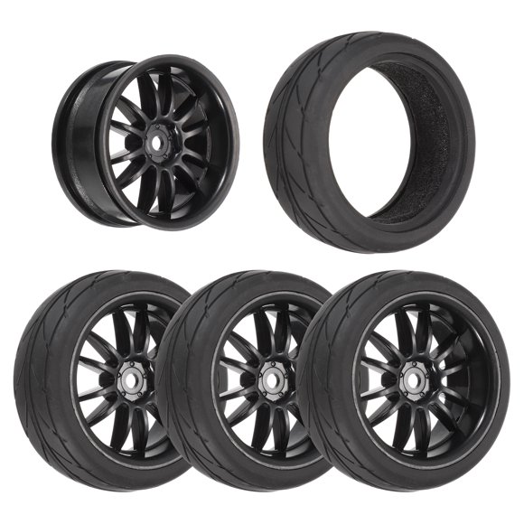 4-Pair High-Grip RC Car Tire & Wheel Set for 1/10 On-Road Touring Cars - Soft Rubber Tyres with 12mm Hubs, Black, Type F