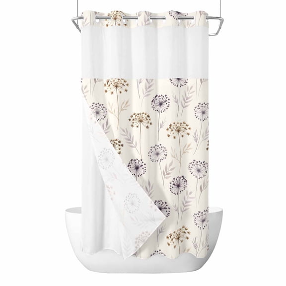 Beige Floral Dandelion No Hook Shower Curtain with Snap in Liner, Waterproof Fabric Shower Curtains, Spring Farmhouse Botanical Flowers Shower Curtain Set Top See Through for Bathroom 36"x72"