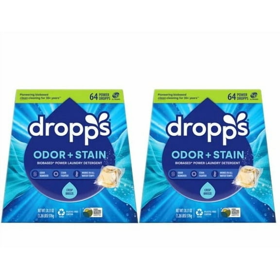 Dropps Odor   Stain Biobased* Power Laundry Detergent Pacs, Crisp Breeze, 128-count