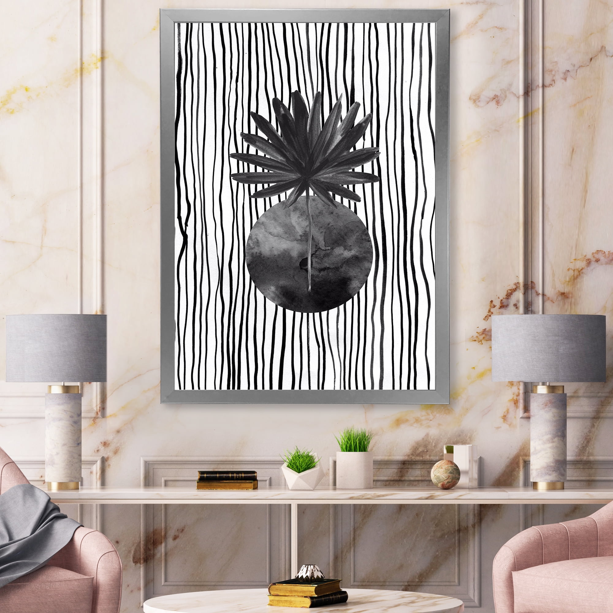 Designart 'Black and White Striped Under Tropical Leaf I' Modern Framed Art Print
