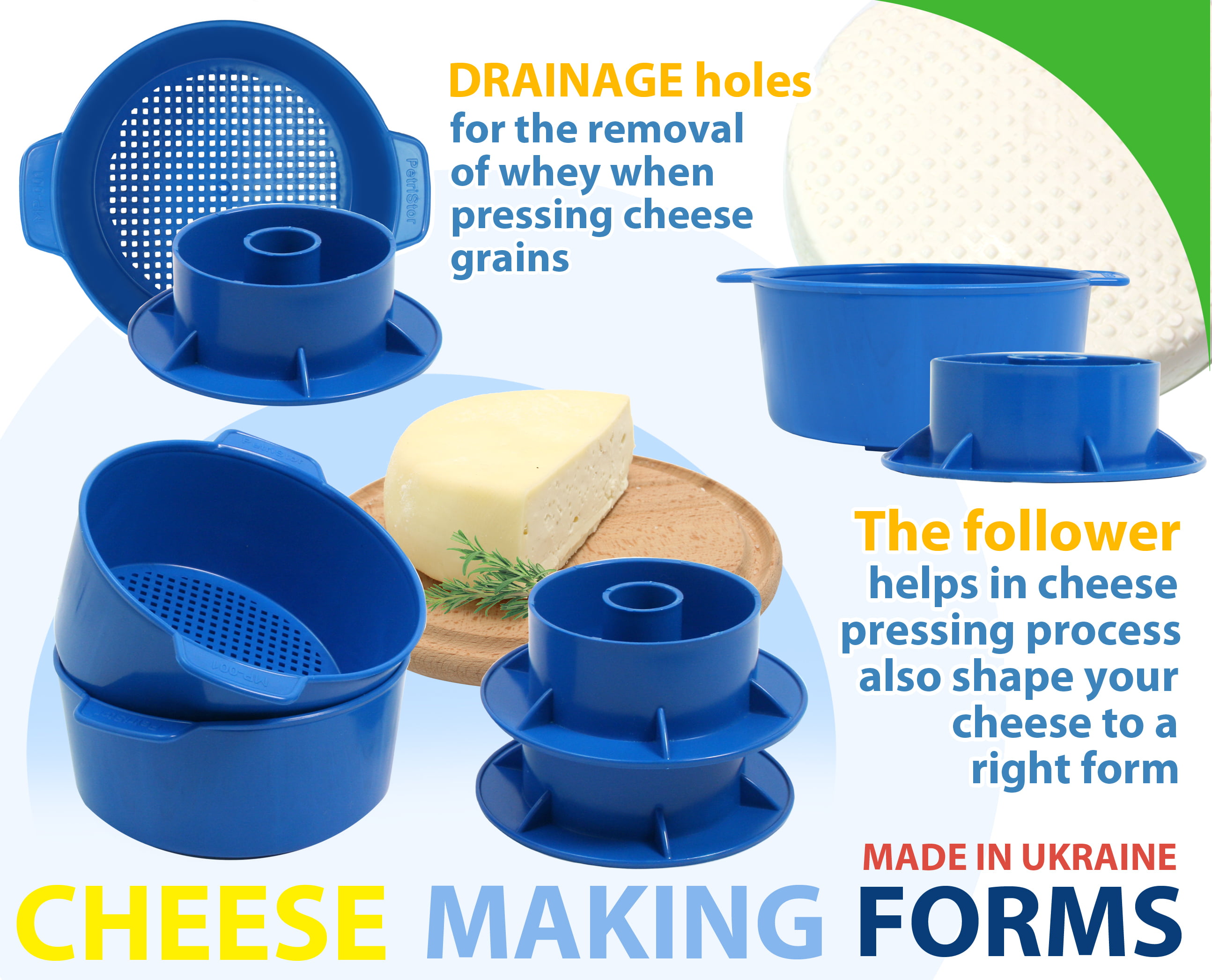 Cheese Mold with A Follower – Cheese Making Kit – Cheesemaking Supplies – Cheese Set for Press – Paneer Maker - 0.48 Gal - 1.8 L Blue
