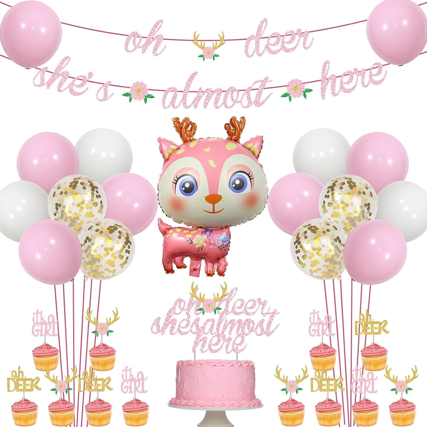 Oh Deer Baby Shower Decorations for Girl, Pink White Balloons Deer Foil