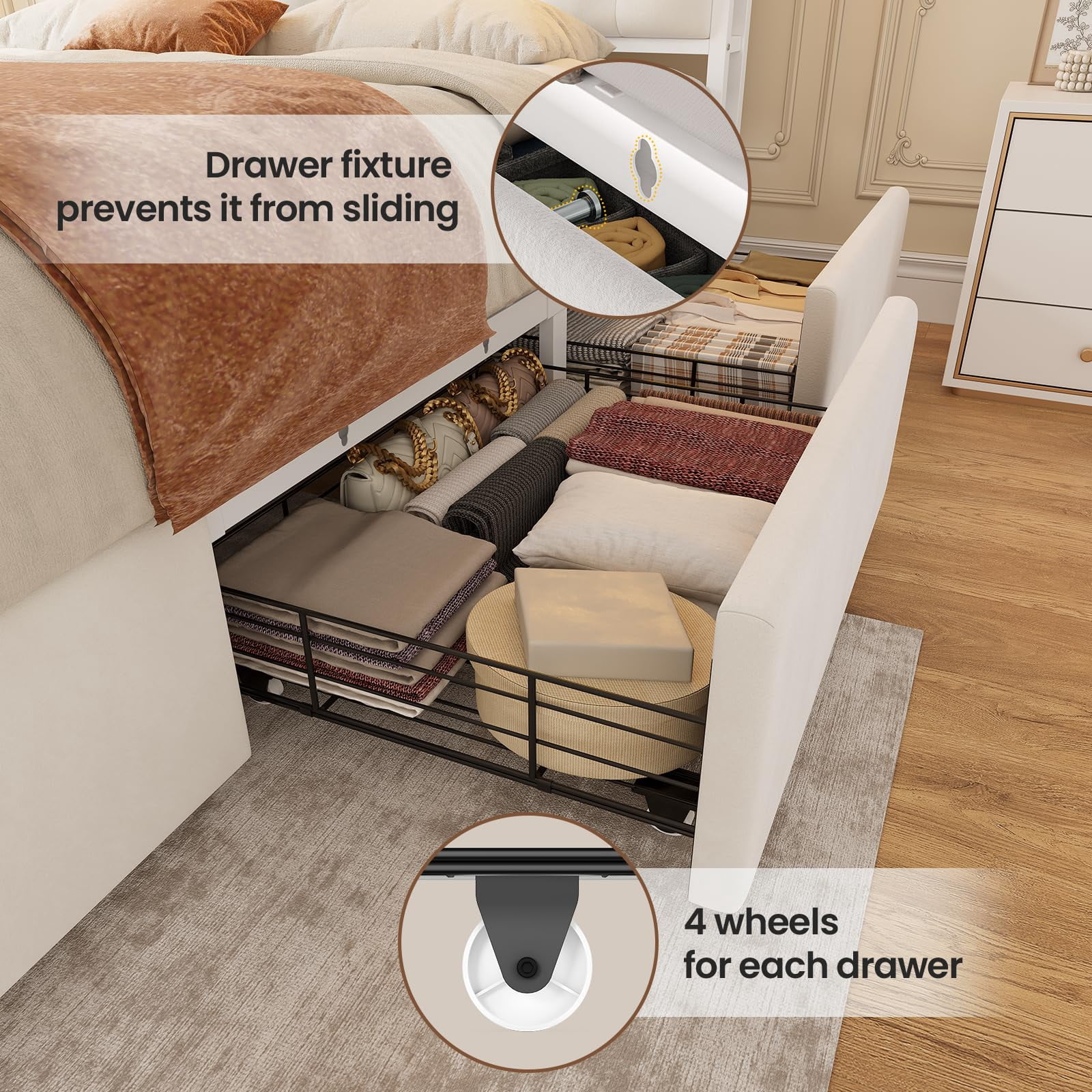 Queen Size Bed Frame with 6 Storage Drawers and Headboard, LED Lights,Charging Station,Velvet Upholstered Queen Platform Bed No Noise, No Box Spring Needed, Easy Assembly, Beige