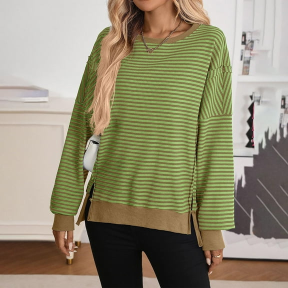 Womens Sweatshirts, Women's Oversized Striped Shirts Long Sleeve Crew Neck Split Hem T-Shirts Casual Color Block Fall Going Out Top 2025