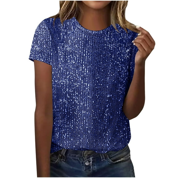 OGLCCG Sparkle Tops for Women Trendy Crewneck Short Sleeve Sequin Top Casual Loose Fit Glitter Shirts Dressy for Party Night,L,Blue