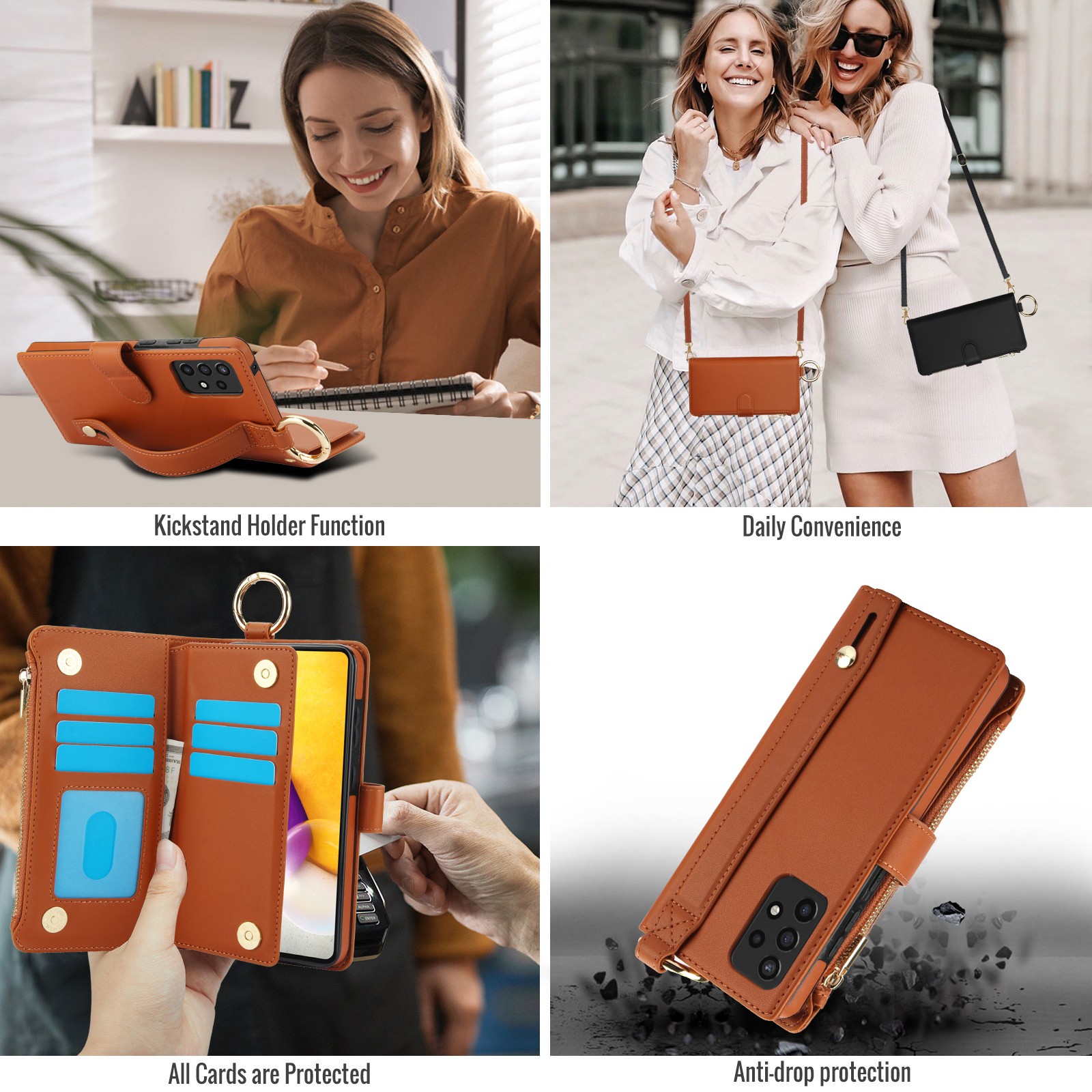 ELEHOLD For Samsung Galaxy A53 5G Phone Case Leather Crossbody Zipper Card Wallet Flip Case Kickstand Cover, with Ring Holder,Full Body Protection-Brown