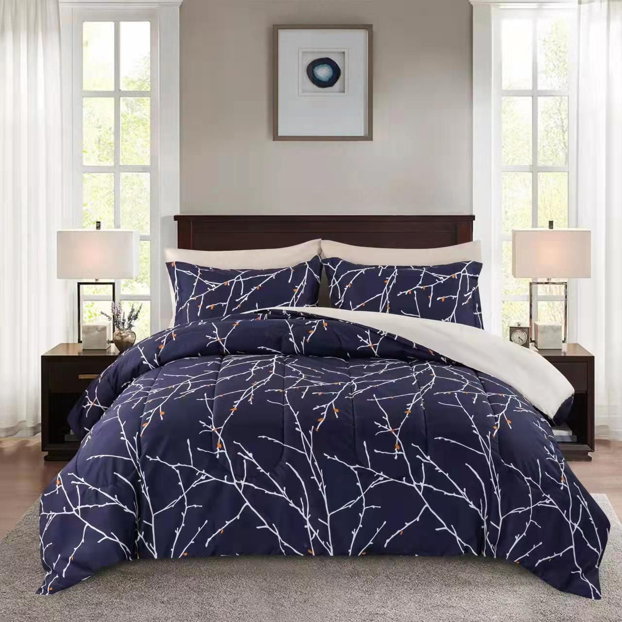 Marina Decoration Ultra Soft Luxury Fluffy Goose Down Alternative Bed in a Bag Rich Printed Comforter Set Includes Sheet Set, Modern Navy Blue Branches Pattern