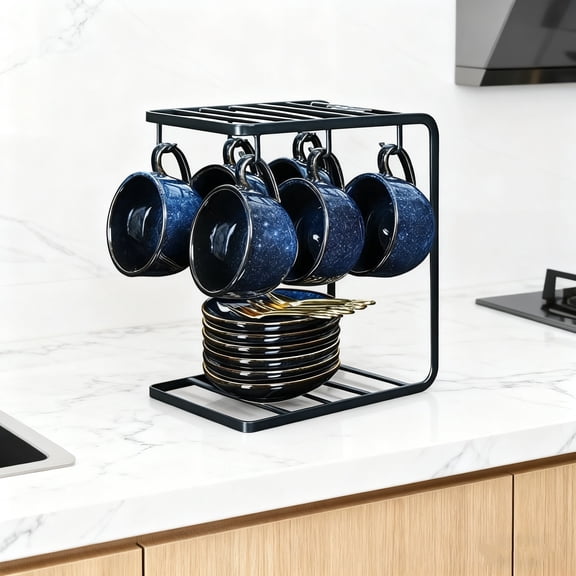 Ceramic Espresso Coffee Cups Set 4 oz Porcelain Espresso Cups with Saucers Spoons and Metal Stand for Tea Cafe Cappuccino Latte - Set of 6 - Blue