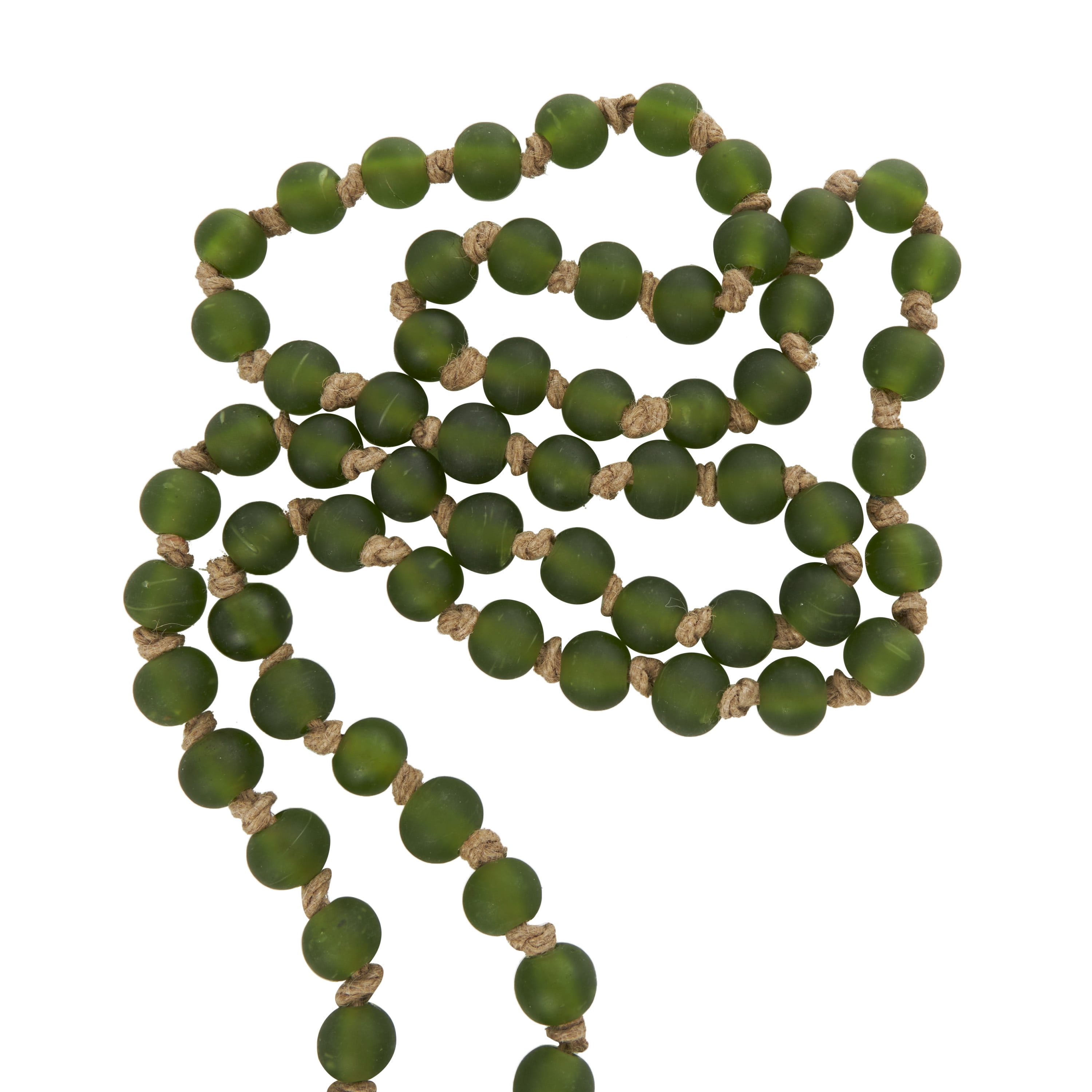DecMode Handmade Round Long Frosted Beaded Green Glass Garland with Tassel with Knotted Brown Jute