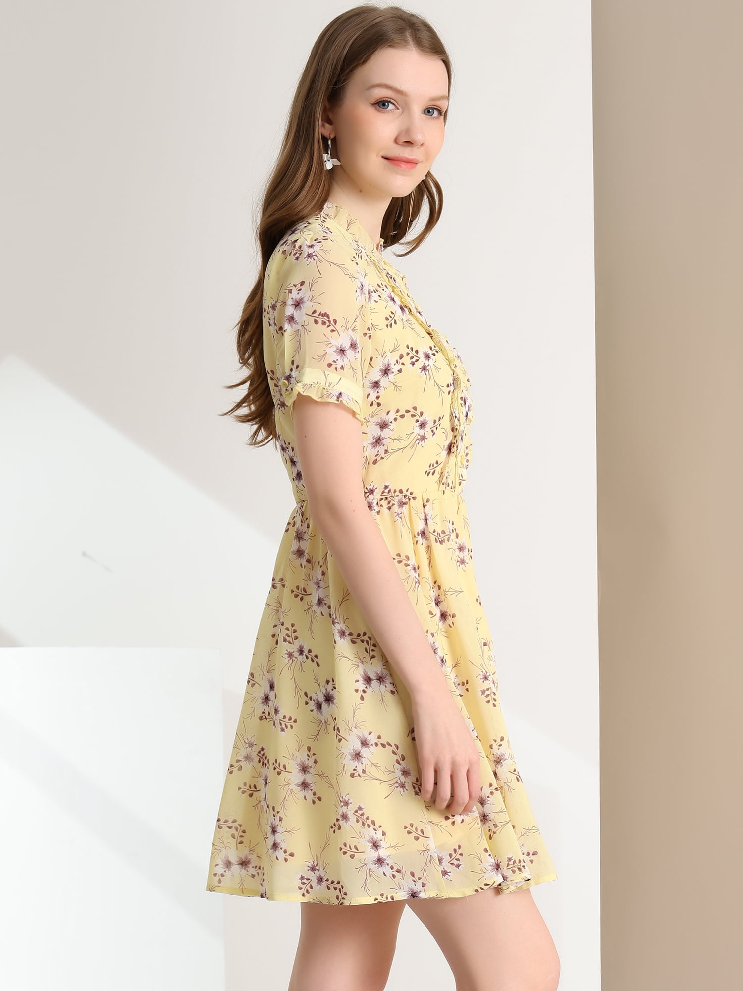 DARING DIVA Women's Ruffle Neck Button Half Placket Stylish Floral Dress M Yellow