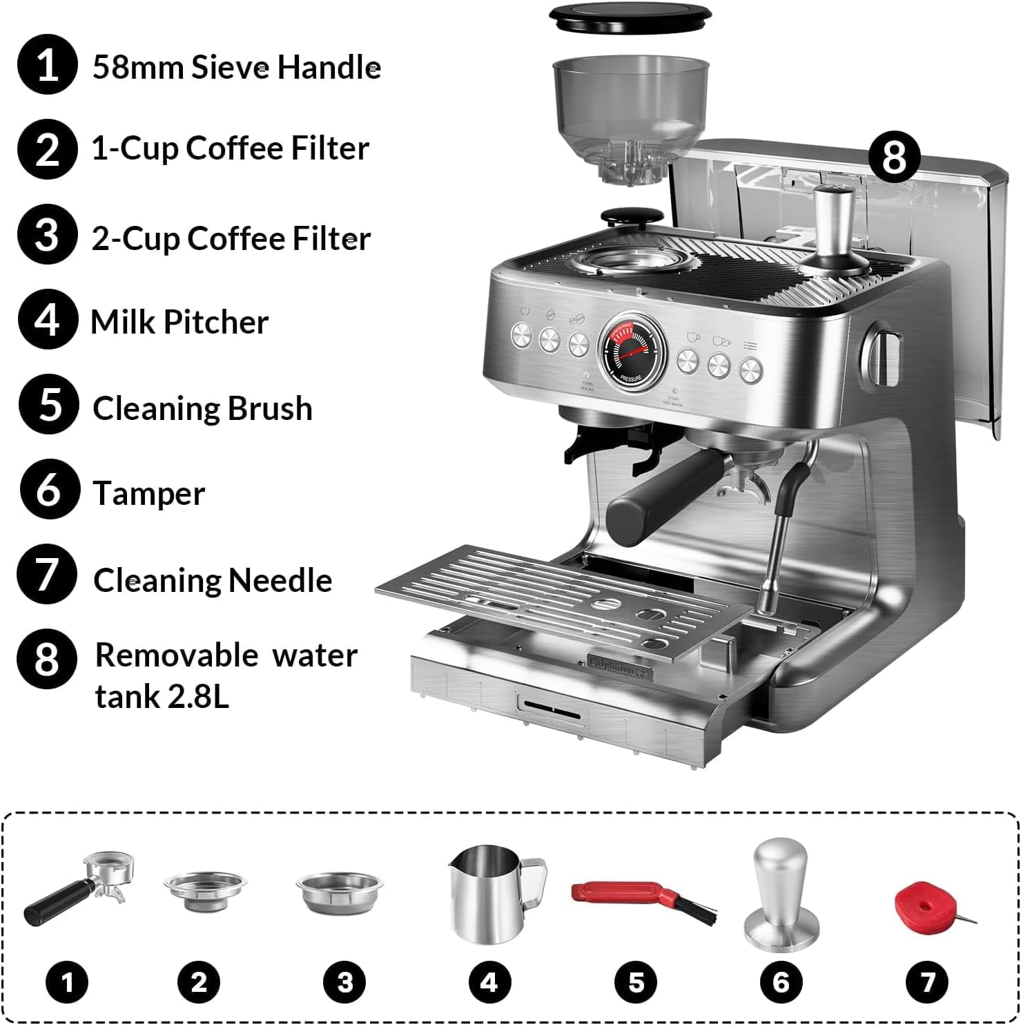 Semi-Automatic Espresso Machine, 20 Bar Coffee Maker with 30 Grinding Setting, Espresso Maker with Grinder