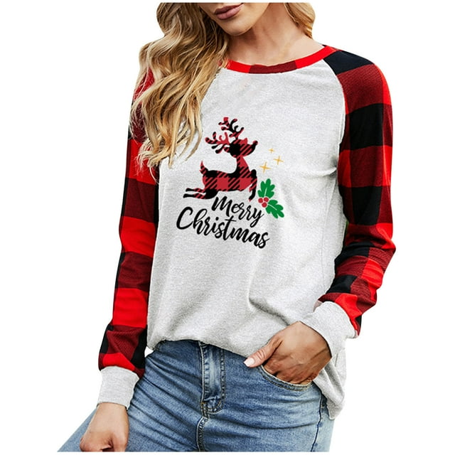 Fridja Chemises de Noël pour Femmes Tops à Carreaux Manches Longues Chandails en Molleton Tendance Blouse Tops