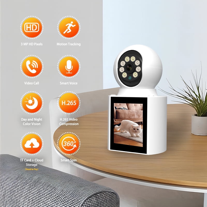 Two-Way Video Calling Camera with Screen, 2K Indoor Security for Baby and Elder, 2.4G WiFi Pet Monitor with Night Vision