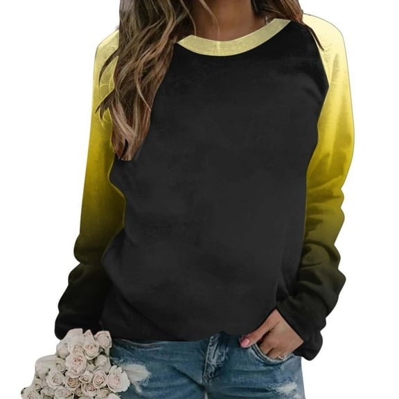 Youyipin Long Sleeve Shirts for Women Oversized Sweatshirt for Women Fall Winter Trendy Patchwork Color Plunge Sleeve Round Neck Lightweight Pullover Tops