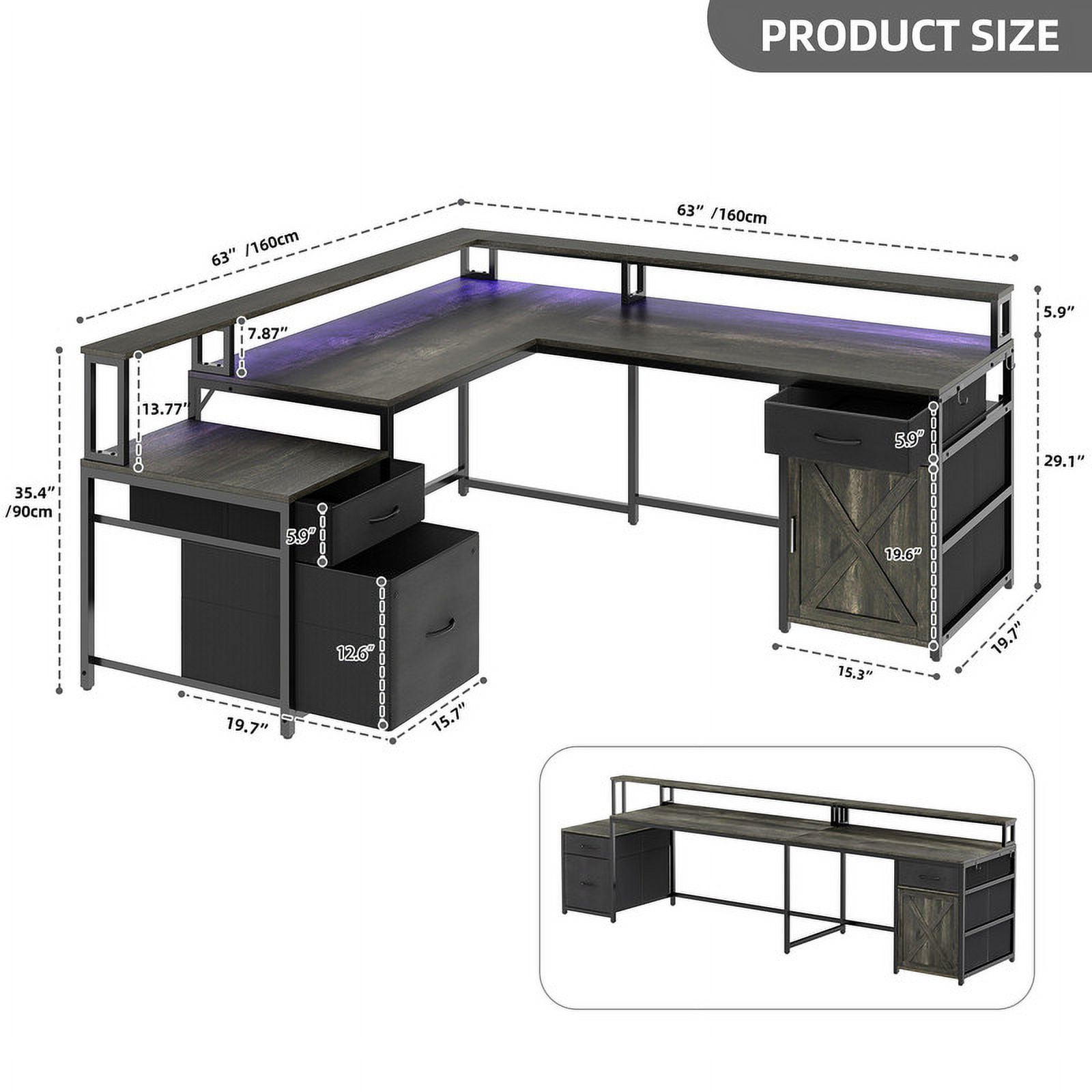 Uforic L Shape Desk with 3 Drawers& Monitor Stand, Reversible Computer Desk with LED Light& Power Outlet, Corner Gaming Desk Home Office Desk, Gray