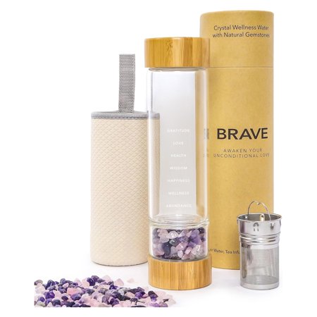 The Brave Soul Crystal Water Bottle, Slim Crystal Water Bottle Tea Infuser, Double Wall Glass for Hot and Cold Drinks. Slim Crystal Water Bottles with Crystals Inside. Eco-friendly & Relaxing Gifts