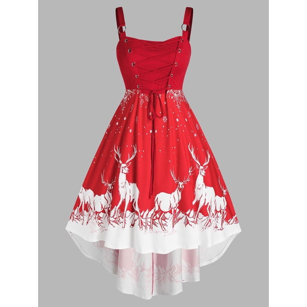 Más el tamaño de la Navidad del copo de nieve Elk ata para arriba el vestido de O Anillo Rosegal Vestidos Estampados Tallas Grandes