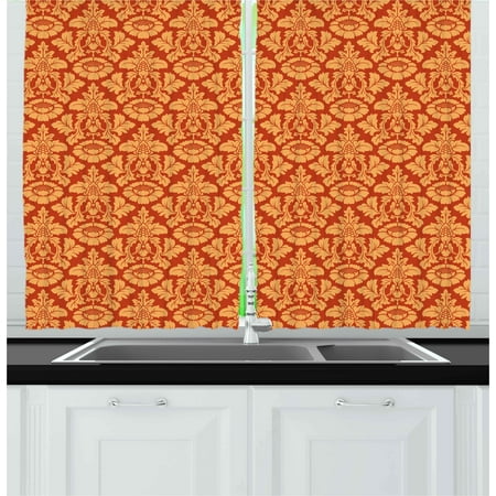 Antique Curtains 2 Panels Set, Royal Victorian Damask Pattern Baroque Rococo Old Fashioned Traditional Art, Window Drapes for Living Room Bedroom, 55W X 39L Inches, Vermilion Orange, by Ambesonne