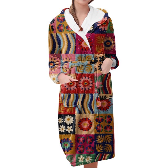Women's Fleece Plush Robe Long Warm Plush Bathrobe Loungewear Jacket Printed Comfort Robe